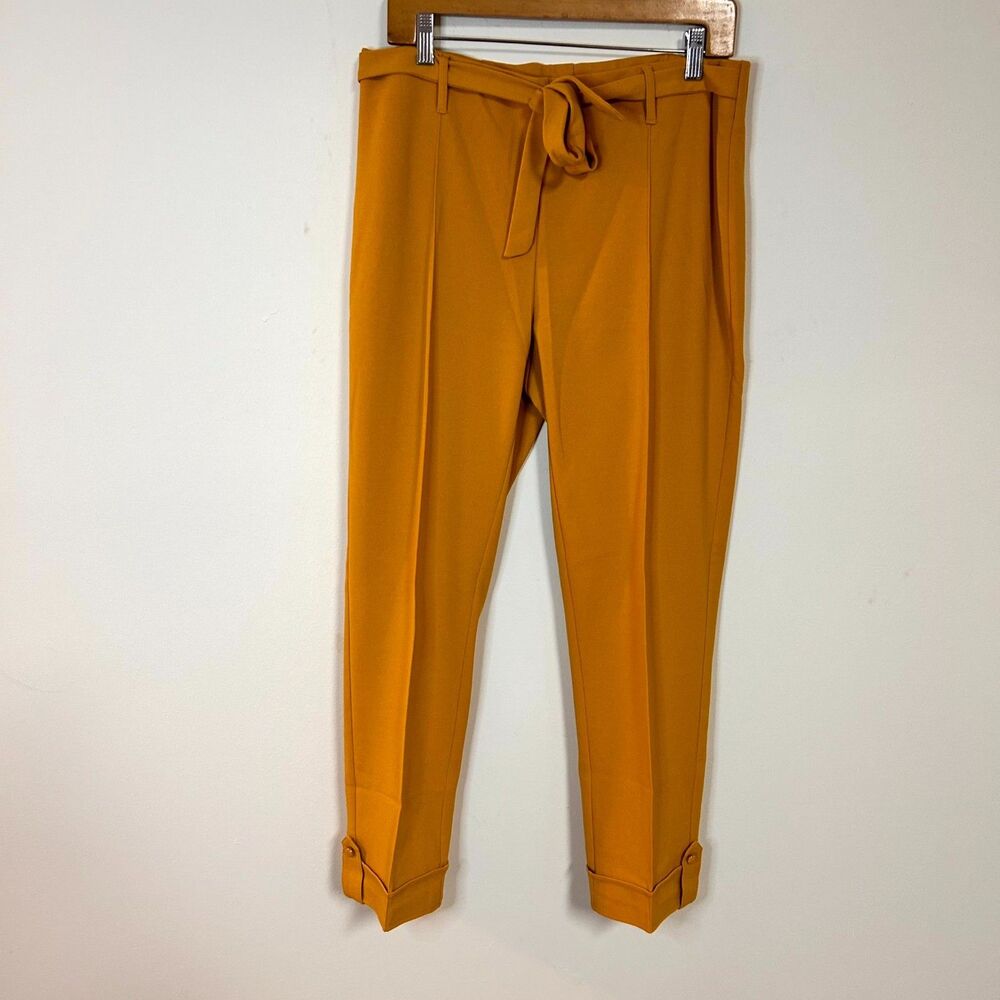 NYCC Pants Women 12 Mustard Yellow Pintuck Belted Waist Straight Business Casual